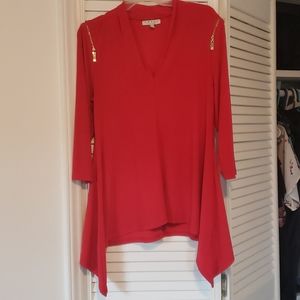 Flare Hem Faux Zipper V-Neck 3/4 Sleeve Blouse